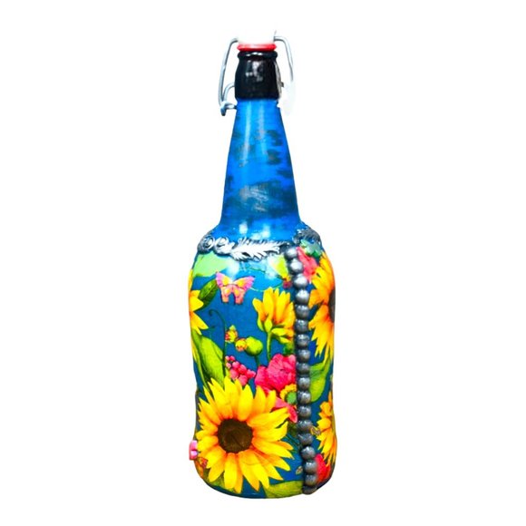 Hand Painted, Decoupaged and Molded Clay Grolsch-Style Bottle Poppy & Sunflowers - Picture 8 of 16
